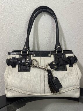 Coach Hampton White and Black Leather Shoulder Bag with Braided Trim